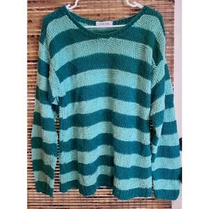 Hand Knit Striped Sweater Teal & Aqua Pullover Long Sleeve Women’s M 21x26